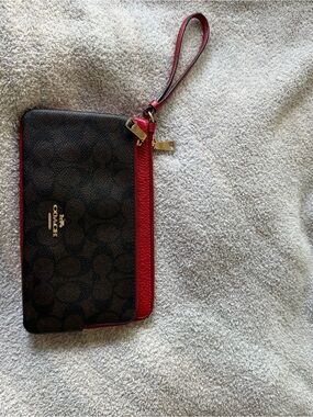 Coach Brown Signature Canvas Wristlet with Red Trim